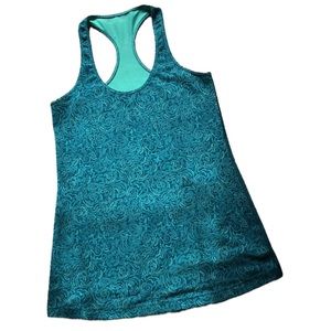 Lululemon Cool Racerback Tank Teal Blue Word Swirl Top